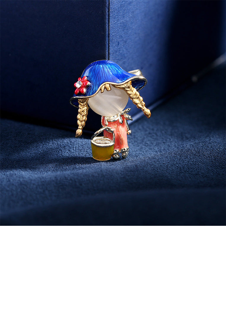 Fashion Cute Plated Gold Enamel Blue Hat Girl Brooch with Imitation Opal