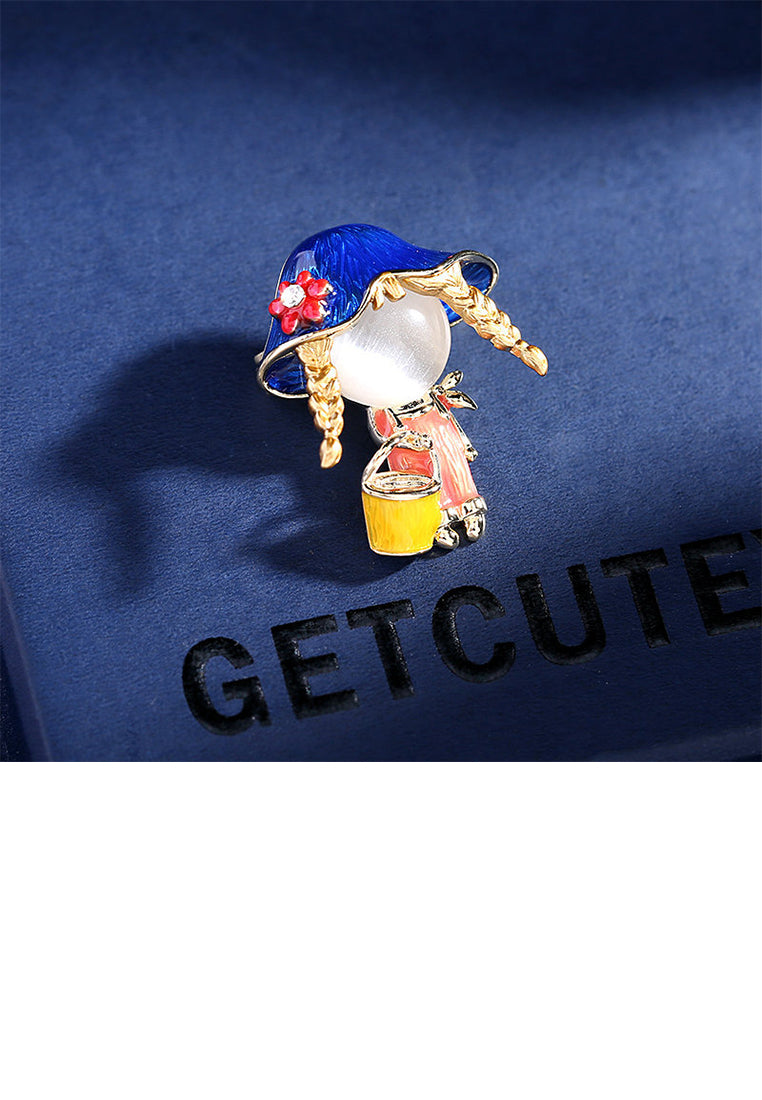 Fashion Cute Plated Gold Enamel Blue Hat Girl Brooch with Imitation Opal