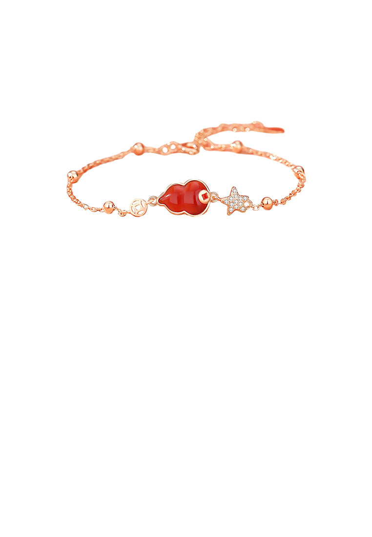 925 Sterling Silver Plated Rose Gold Fashion Vintage Star Gourd Imitation Red Agate Bracelet with Cubic Zirconia - Luxurious Look - Vibrant Color