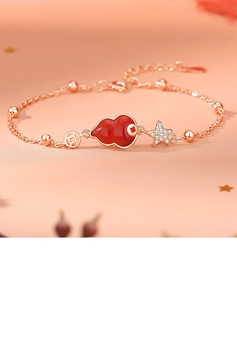 925 Sterling Silver Plated Rose Gold Fashion Vintage Star Gourd Imitation Red Agate Bracelet with Cubic Zirconia - Luxurious Look - Vibrant Color