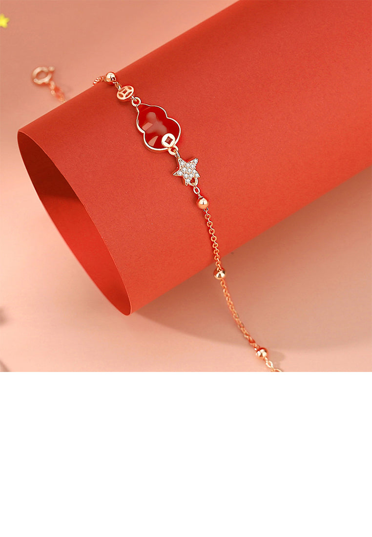 925 Sterling Silver Plated Rose Gold Fashion Vintage Star Gourd Imitation Red Agate Bracelet with Cubic Zirconia - Luxurious Look - Vibrant Color