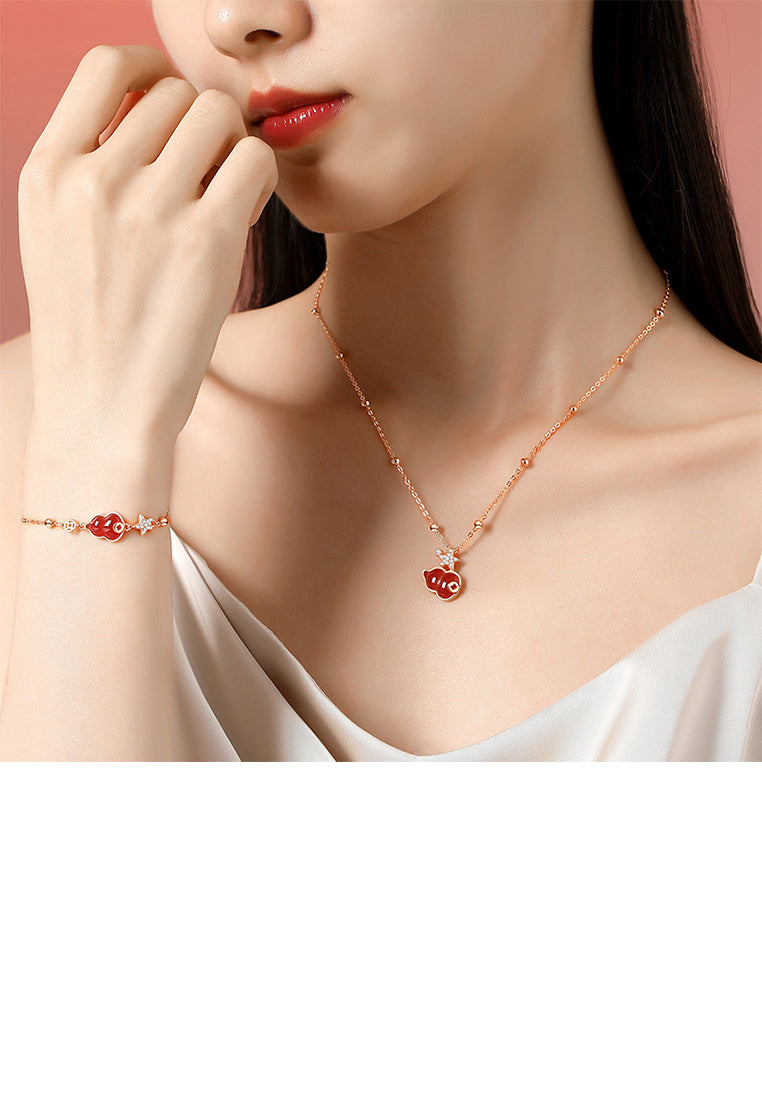 925 Sterling Silver Plated Rose Gold Fashion Vintage Star Gourd Imitation Red Agate Bracelet with Cubic Zirconia - Luxurious Look - Vibrant Color