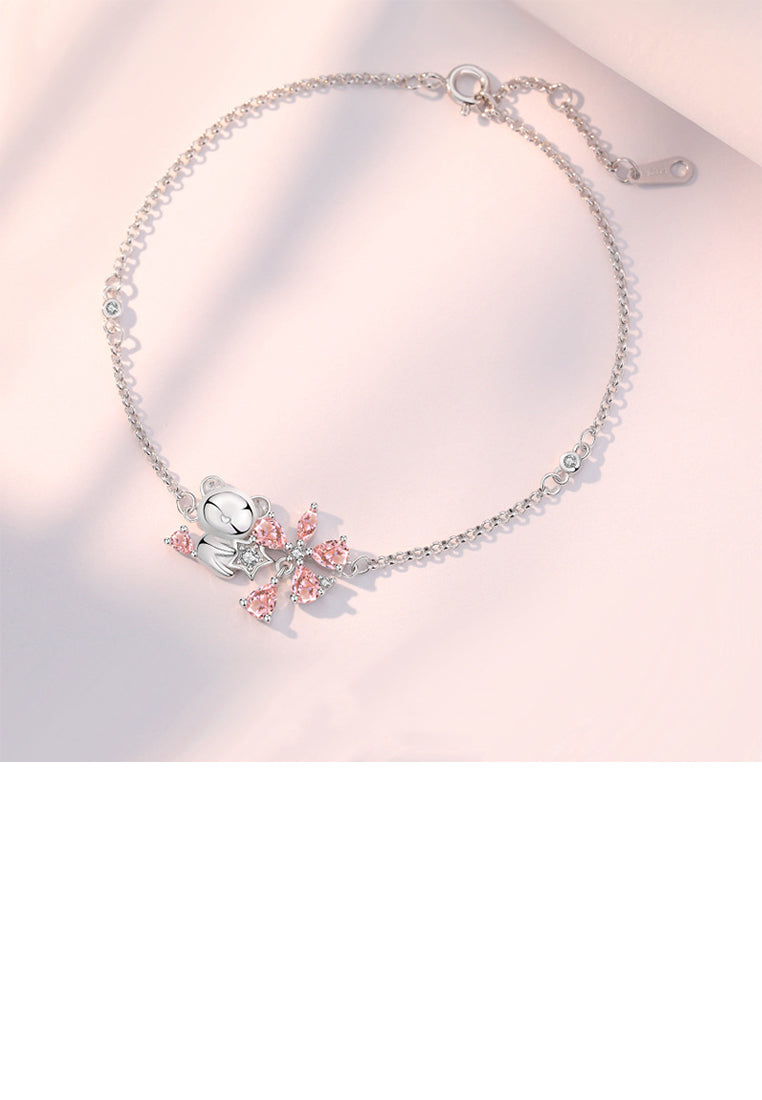 925 Sterling Silver Fashion Cute Cherry Blossom Bear Bracelet with Cubic Zirconia - Luxurious Look