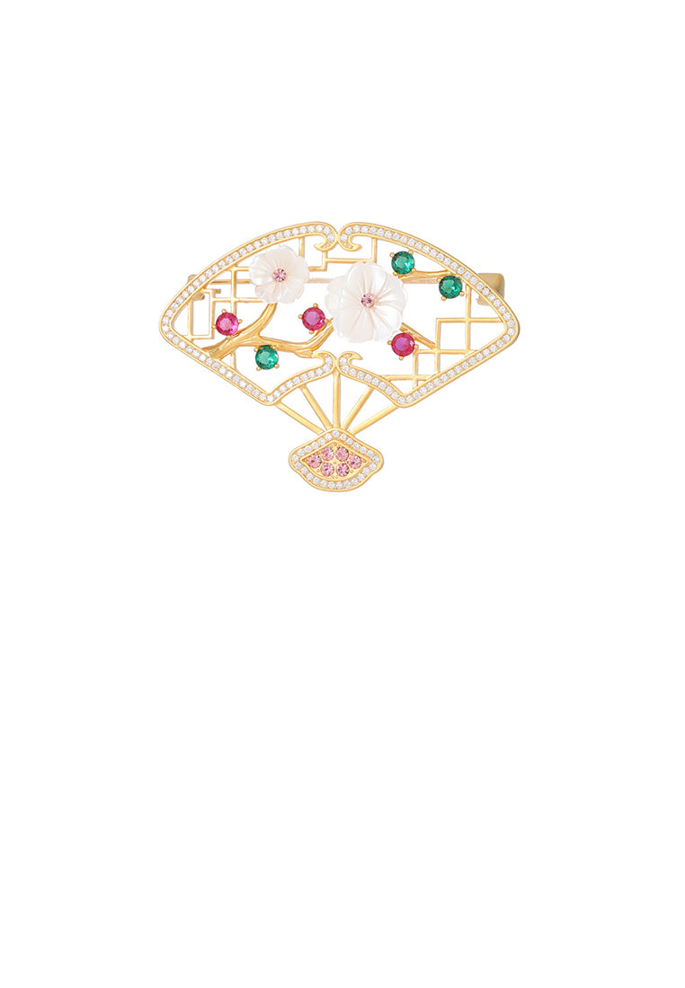 Fashion Vintage Plated Gold Hollow Flower Fan Brooch with Cubic Zirconia - Luxurious Look