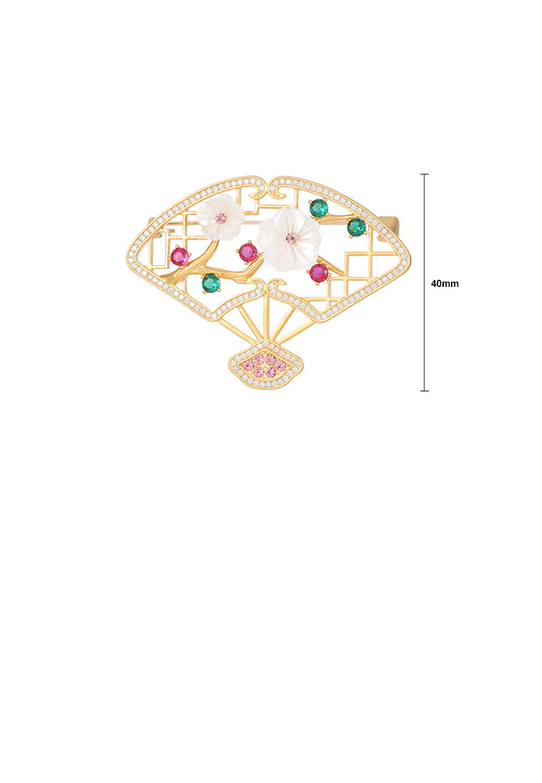 Fashion Vintage Plated Gold Hollow Flower Fan Brooch with Cubic Zirconia - Luxurious Look