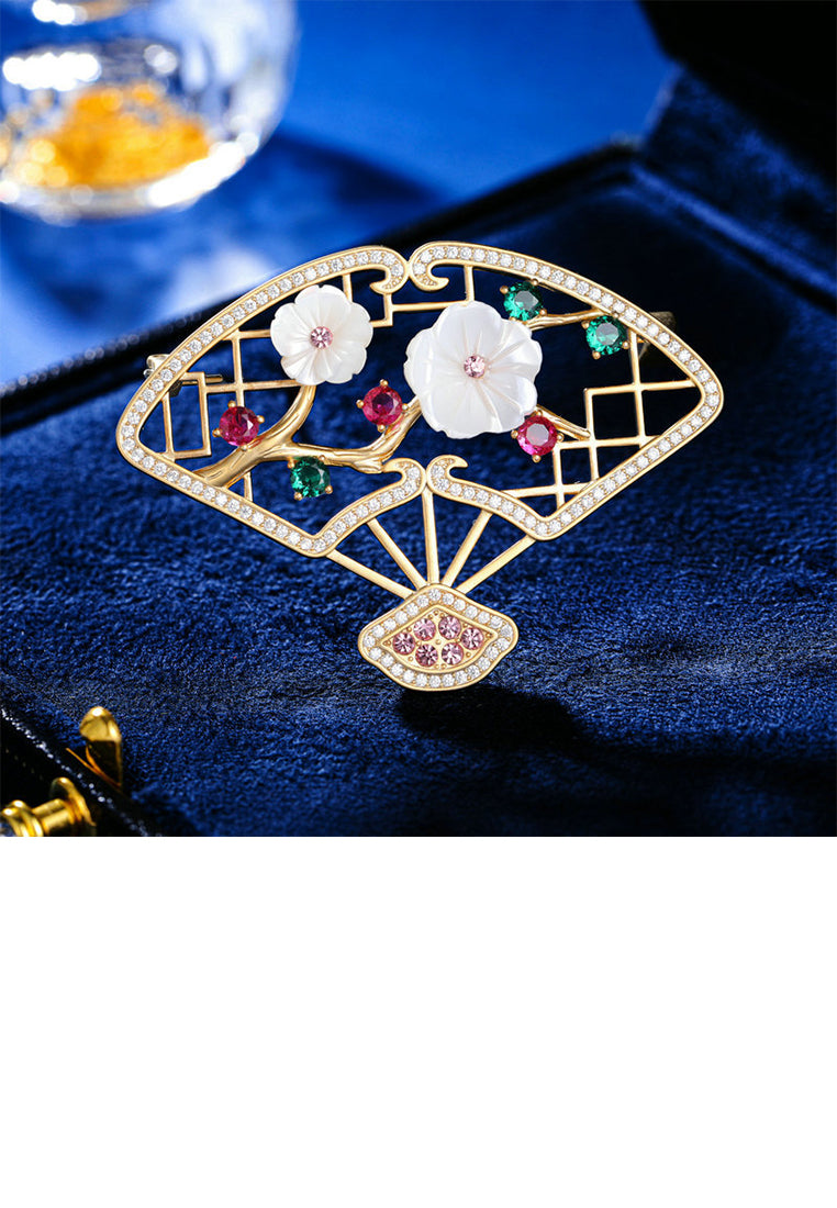 Fashion Vintage Plated Gold Hollow Flower Fan Brooch with Cubic Zirconia - Luxurious Look
