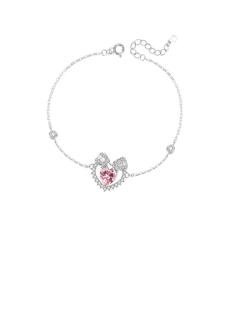 925 Sterling Silver Simple Sweet Ribbon Heart Bracelet with Pink Cubic Zirconia - Luxurious Look - Vibrant Color