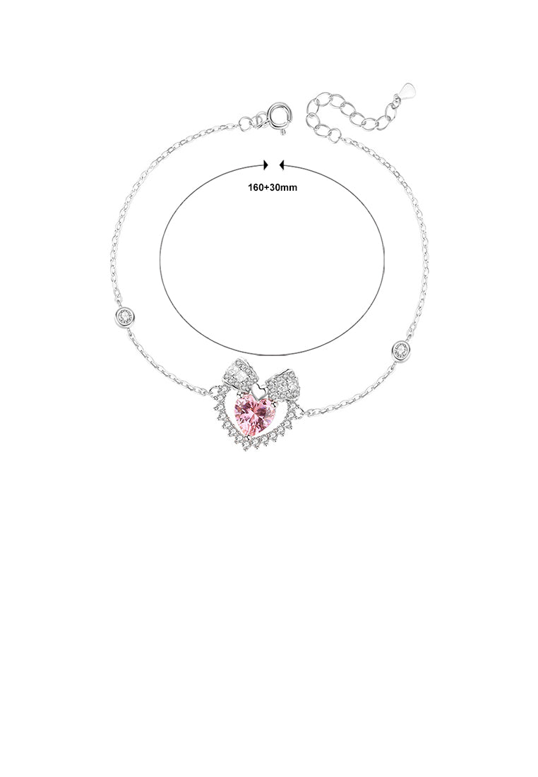 925 Sterling Silver Simple Sweet Ribbon Heart Bracelet with Pink Cubic Zirconia - Luxurious Look - Vibrant Color