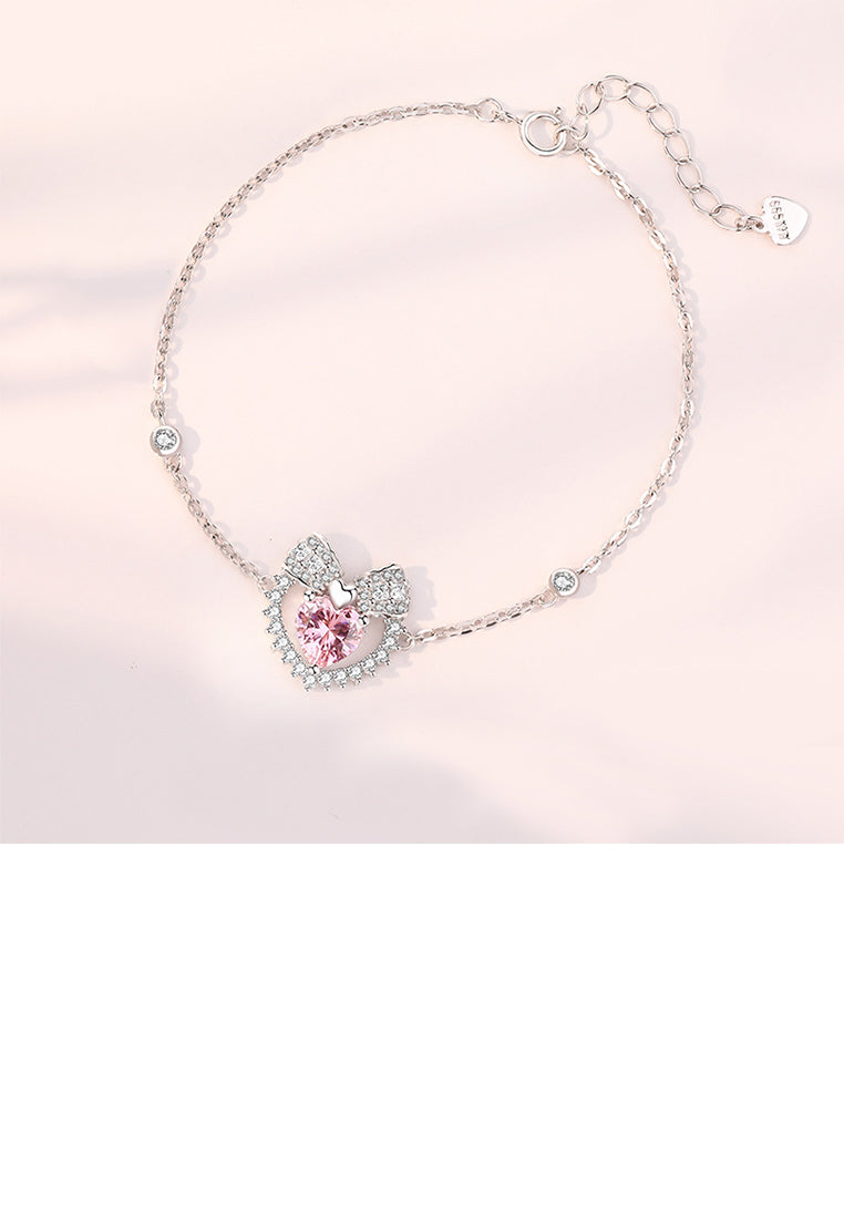 925 Sterling Silver Simple Sweet Ribbon Heart Bracelet with Pink Cubic Zirconia - Luxurious Look - Vibrant Color
