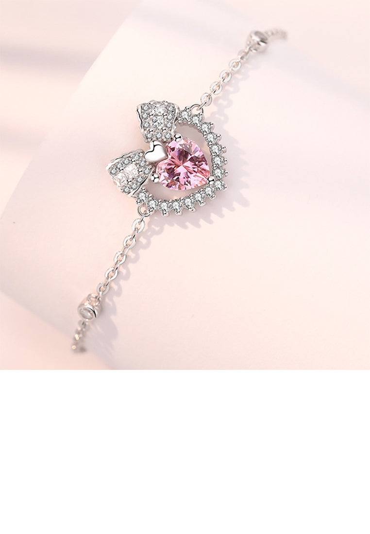 925 Sterling Silver Simple Sweet Ribbon Heart Bracelet with Pink Cubic Zirconia - Luxurious Look - Vibrant Color