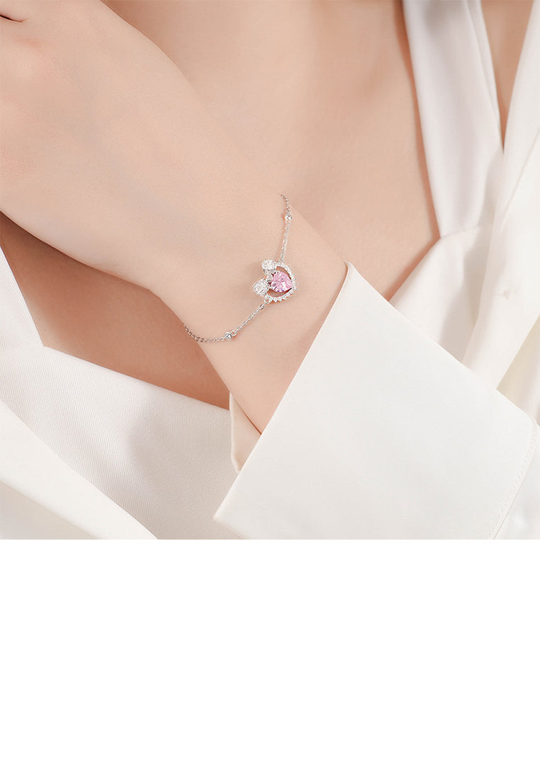 925 Sterling Silver Simple Sweet Ribbon Heart Bracelet with Pink Cubic Zirconia - Luxurious Look - Vibrant Color
