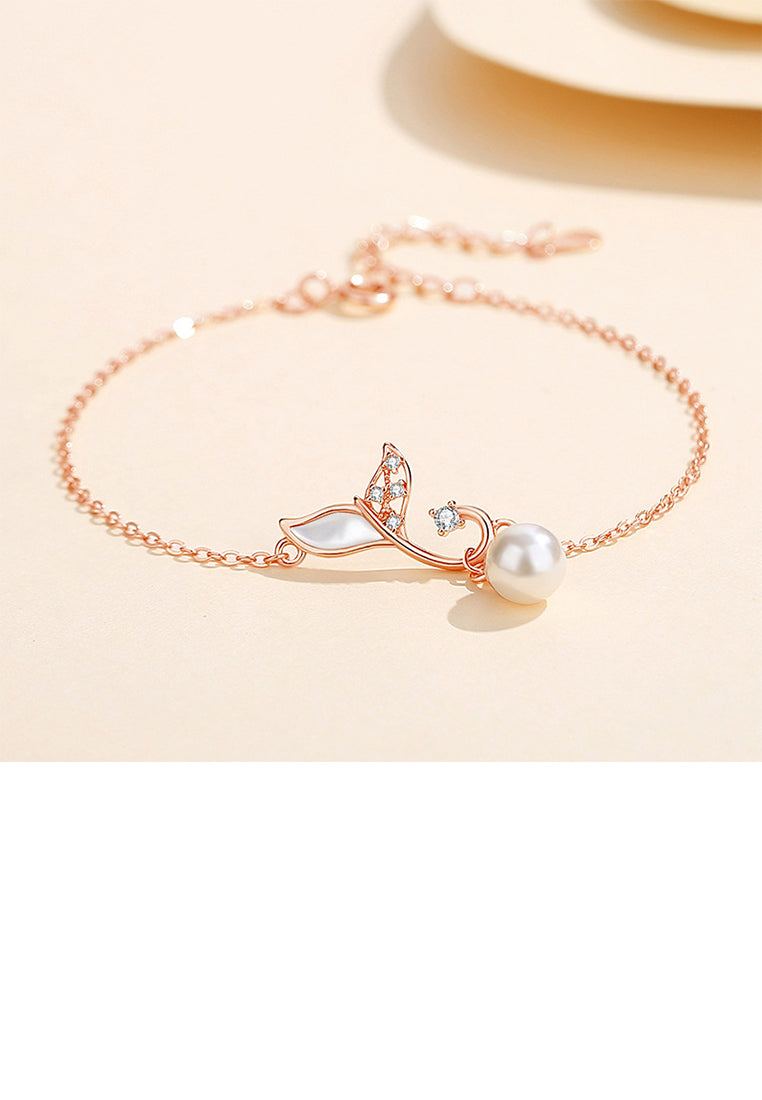 925 Sterling Silver Plated Rose Gold Fashion Simple Mermaid Tail Imitation Pearl Bracelet with Cubic Zirconia - Luxurious Look