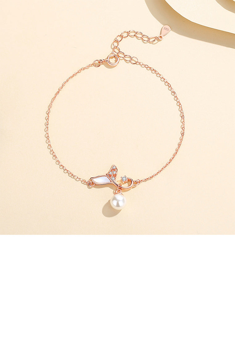 925 Sterling Silver Plated Rose Gold Fashion Simple Mermaid Tail Imitation Pearl Bracelet with Cubic Zirconia - Luxurious Look