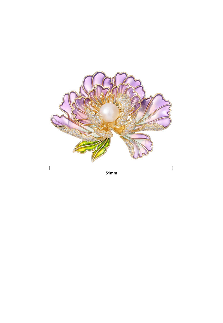 Fashion and Elegant Plated Gold Enamel Purple Peony Imitation Pearl Brooch with Cubic Zirconia - Luxurious Look