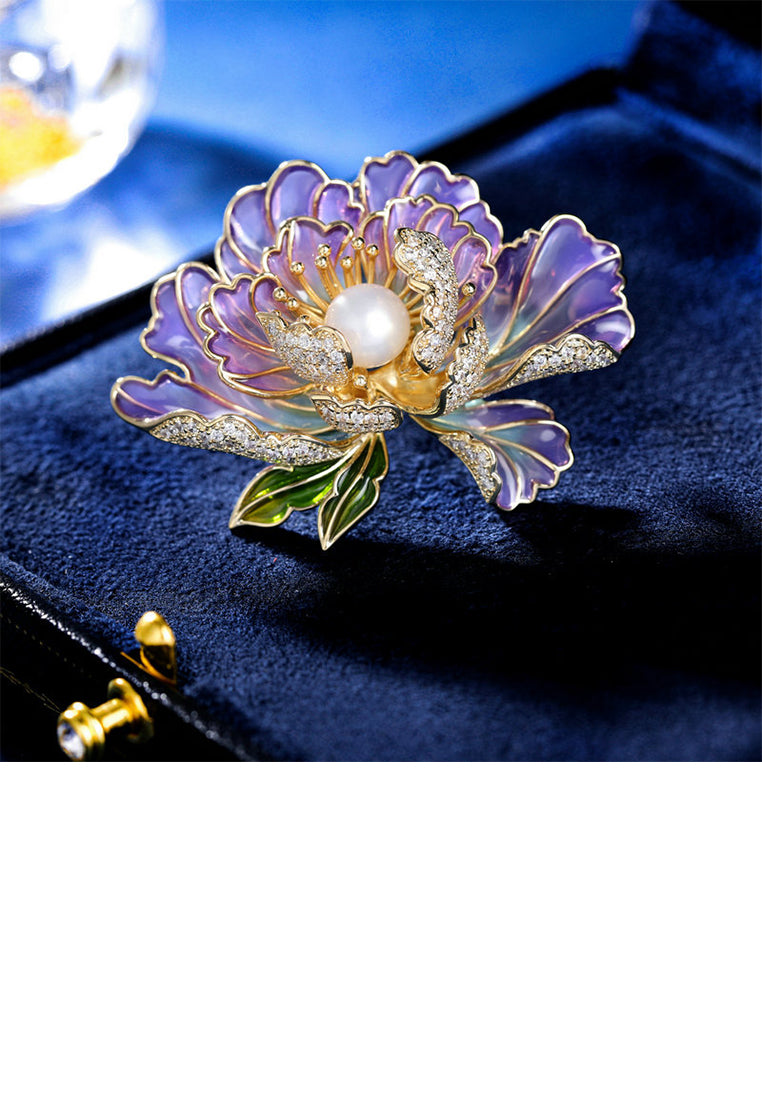 Fashion and Elegant Plated Gold Enamel Purple Peony Imitation Pearl Brooch with Cubic Zirconia - Luxurious Look