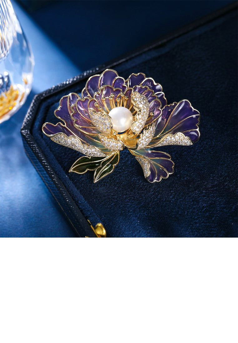 Fashion and Elegant Plated Gold Enamel Purple Peony Imitation Pearl Brooch with Cubic Zirconia - Luxurious Look