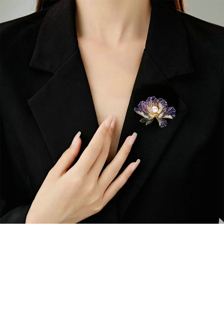 Fashion and Elegant Plated Gold Enamel Purple Peony Imitation Pearl Brooch with Cubic Zirconia - Luxurious Look