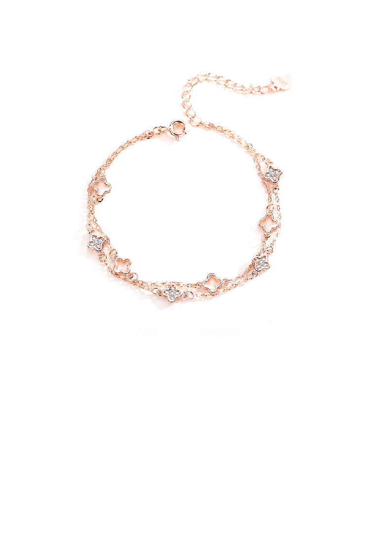 925 Sterling Silver Plated Rose Gold Fashion Temperament Hollow Four-leafed Clover Double Layer Bracelet with Cubic Zirconia - Luxurious Look