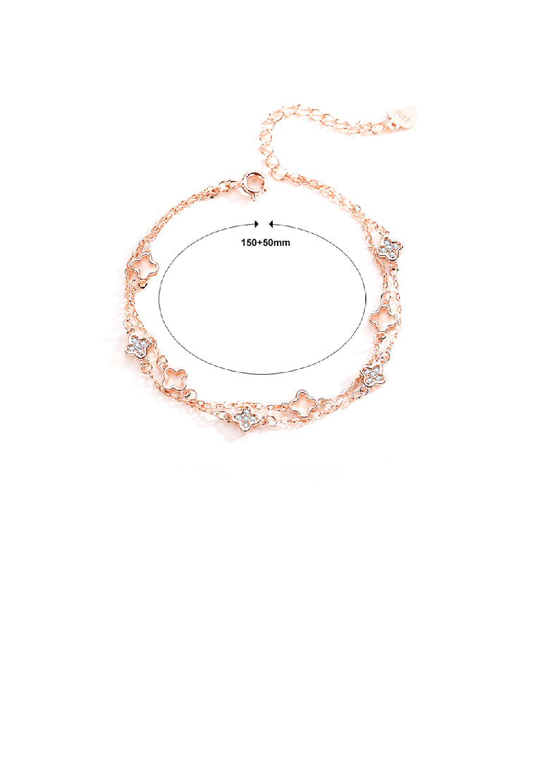 925 Sterling Silver Plated Rose Gold Fashion Temperament Hollow Four-leafed Clover Double Layer Bracelet with Cubic Zirconia - Luxurious Look