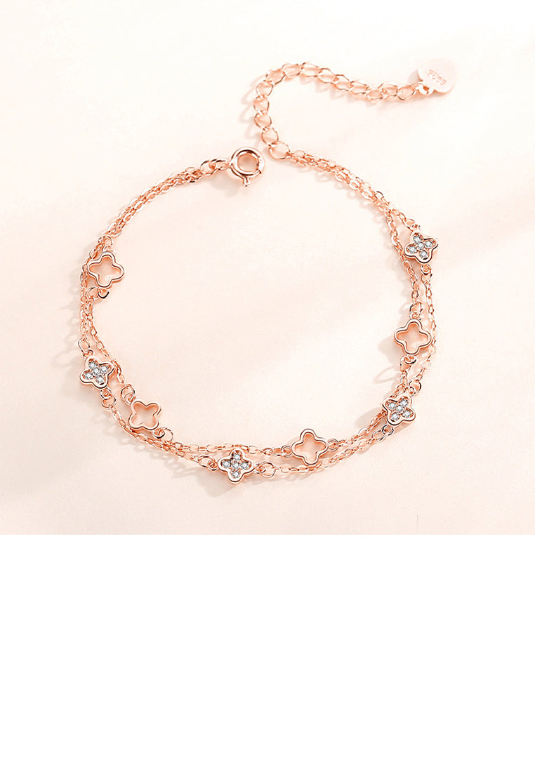 925 Sterling Silver Plated Rose Gold Fashion Temperament Hollow Four-leafed Clover Double Layer Bracelet with Cubic Zirconia - Luxurious Look