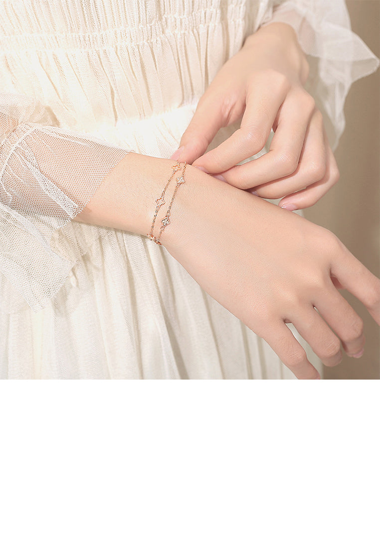 925 Sterling Silver Plated Rose Gold Fashion Temperament Hollow Four-leafed Clover Double Layer Bracelet with Cubic Zirconia - Luxurious Look
