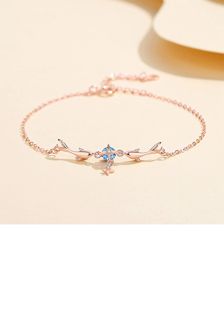 925 Sterling Silver Plated Rose Gold Simple Cute Dolphin Bracelet with Cubic Zirconia - Luxurious Look