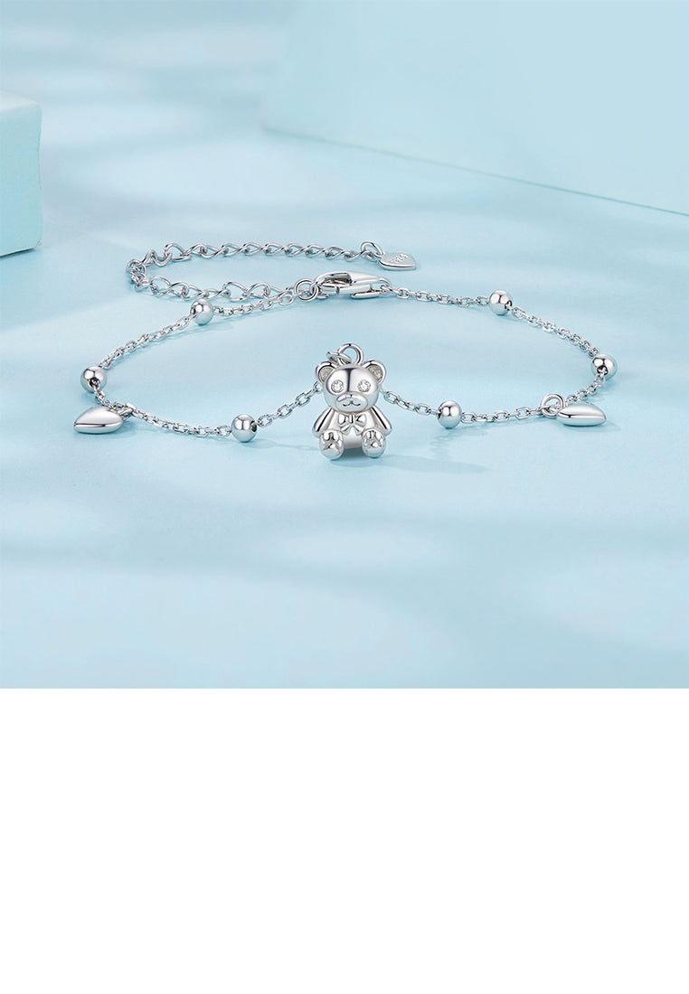 925 Sterling Silver Simple Cute Bear Heart Bracelet with Cubic Zirconia - Luxurious Look