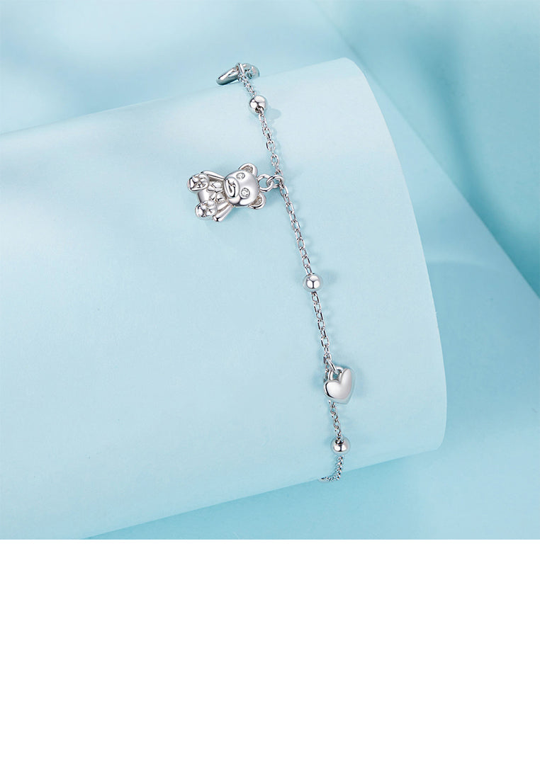 925 Sterling Silver Simple Cute Bear Heart Bracelet with Cubic Zirconia - Luxurious Look