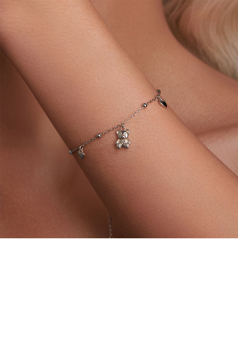 925 Sterling Silver Simple Cute Bear Heart Bracelet with Cubic Zirconia - Luxurious Look