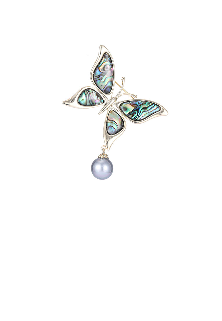 Fashion and Elegant Plated Gold Butterfly Colorful Shell Brooch with Imitation Pearls
