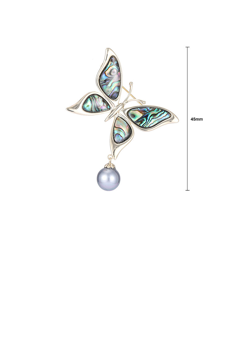 Fashion and Elegant Plated Gold Butterfly Colorful Shell Brooch with Imitation Pearls