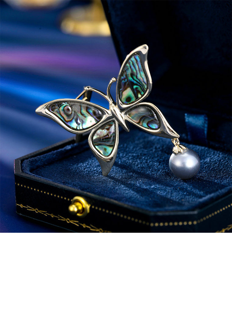 Fashion and Elegant Plated Gold Butterfly Colorful Shell Brooch with Imitation Pearls