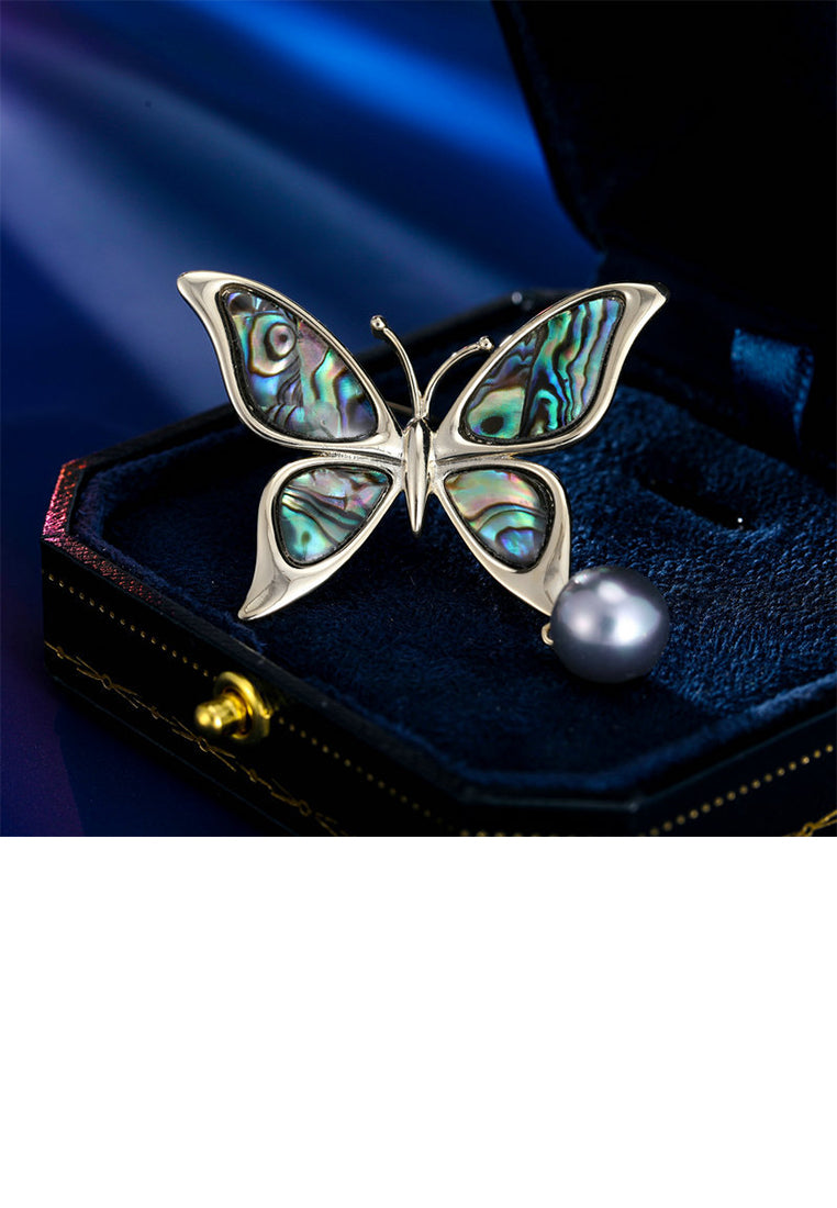 Fashion and Elegant Plated Gold Butterfly Colorful Shell Brooch with Imitation Pearls