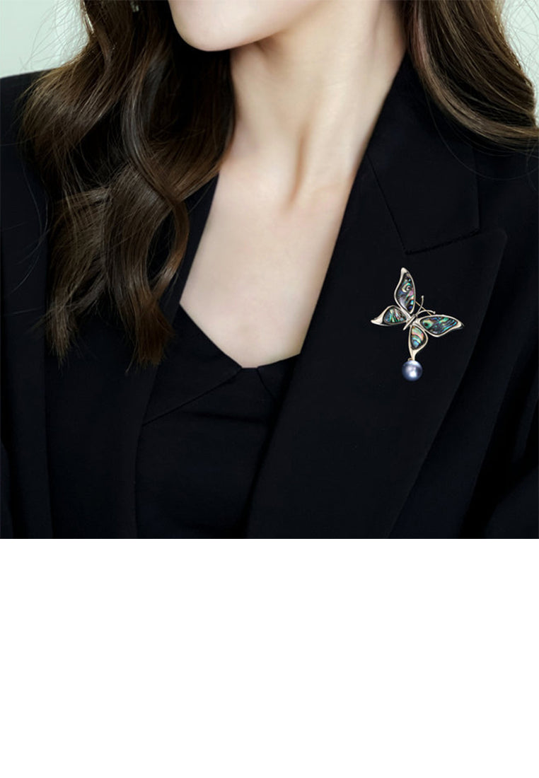 Fashion and Elegant Plated Gold Butterfly Colorful Shell Brooch with Imitation Pearls