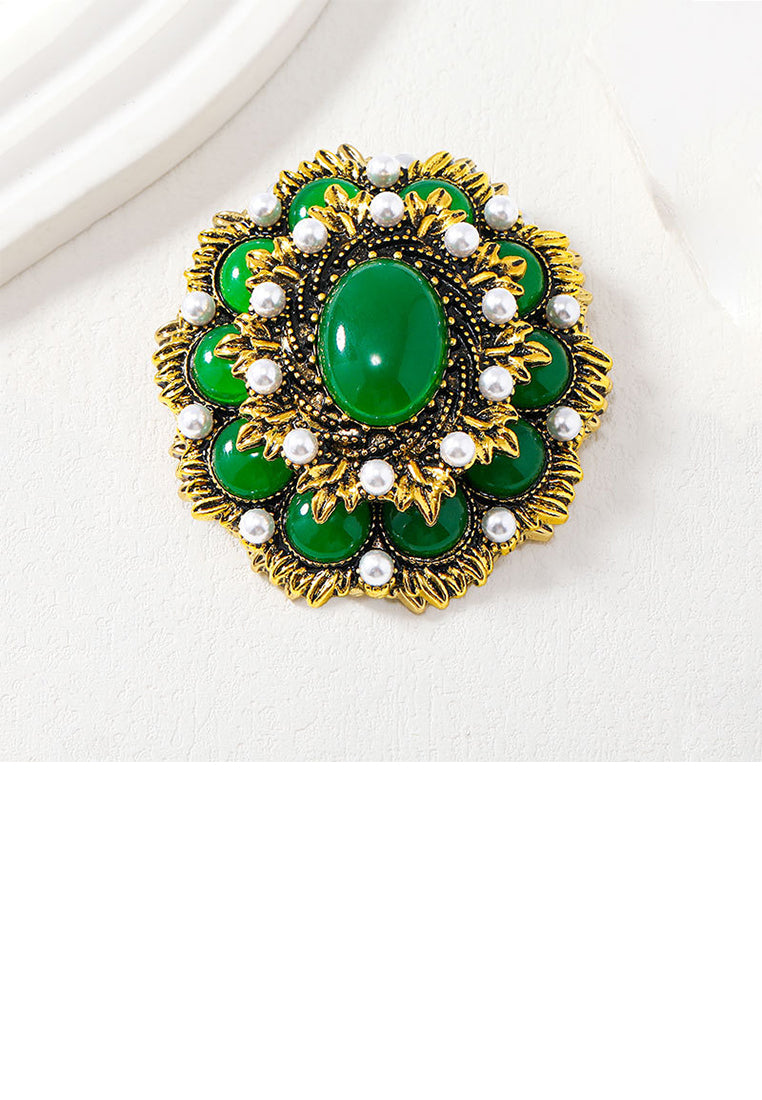 Elegant Vintage Plated Gold Palace Flower Brooch with Imitation Pearls