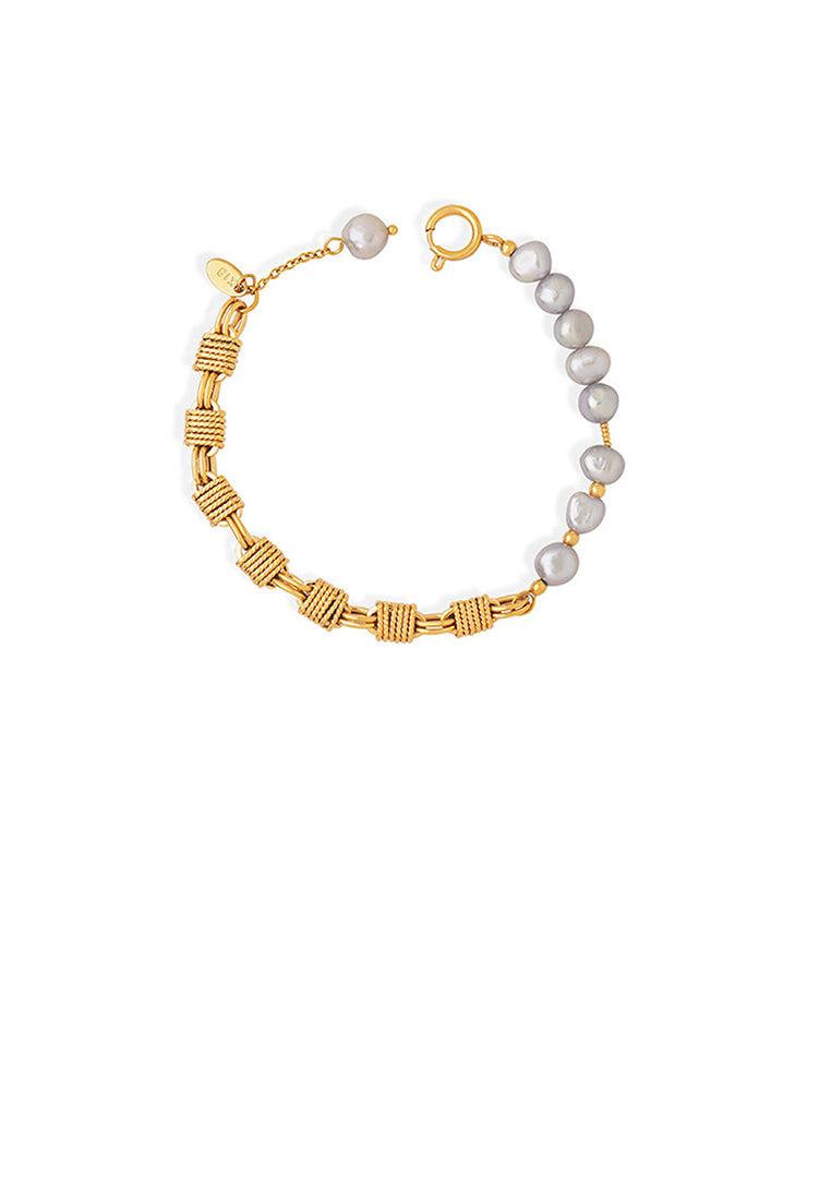 Fashion and Elegant Plated Gold 316L Stainless Steel Braided Geometric Irregular Imitation Pearl Bracelet - Luxurious Look