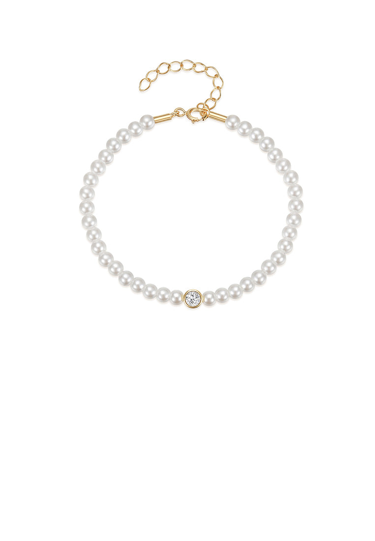 925 Sterling Silver Plated Gold Fashion Elegant Geometric Imitation Pearl Bead Bracelet with Cubic Zirconia - Luxurious Look