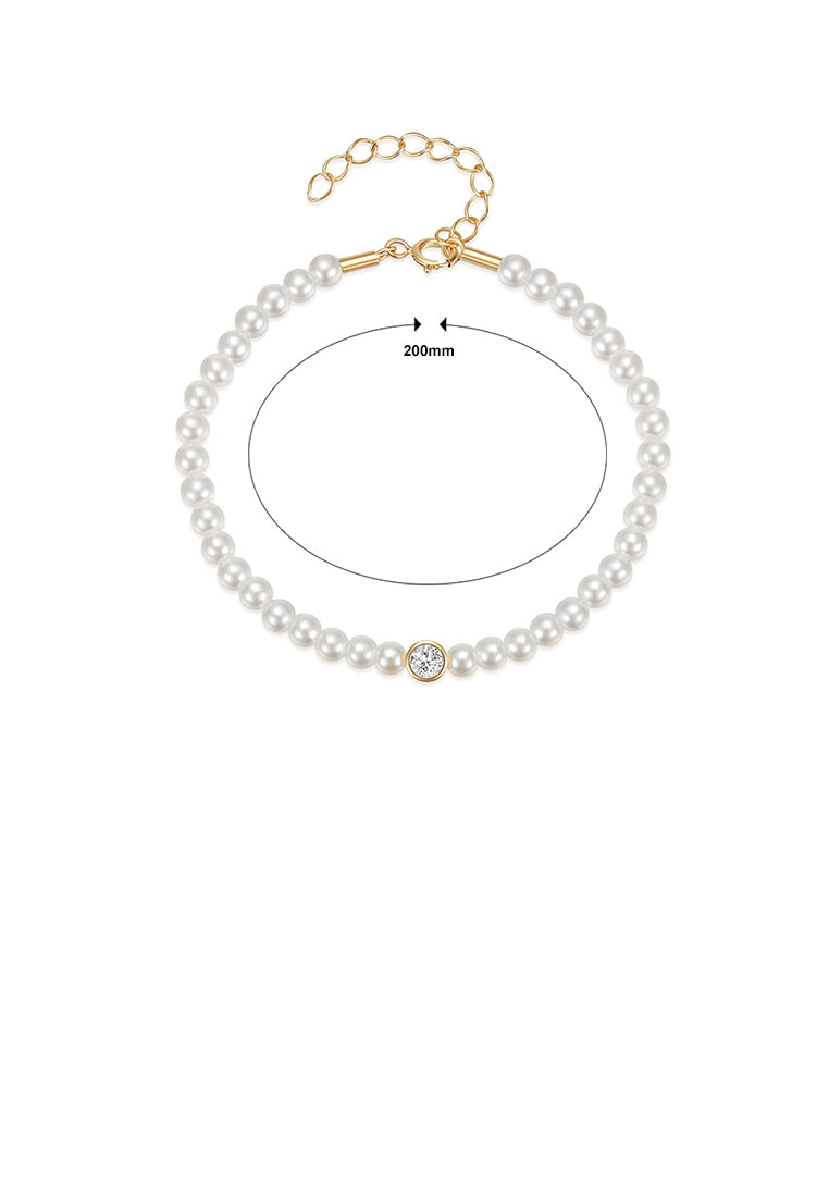 925 Sterling Silver Plated Gold Fashion Elegant Geometric Imitation Pearl Bead Bracelet with Cubic Zirconia - Luxurious Look