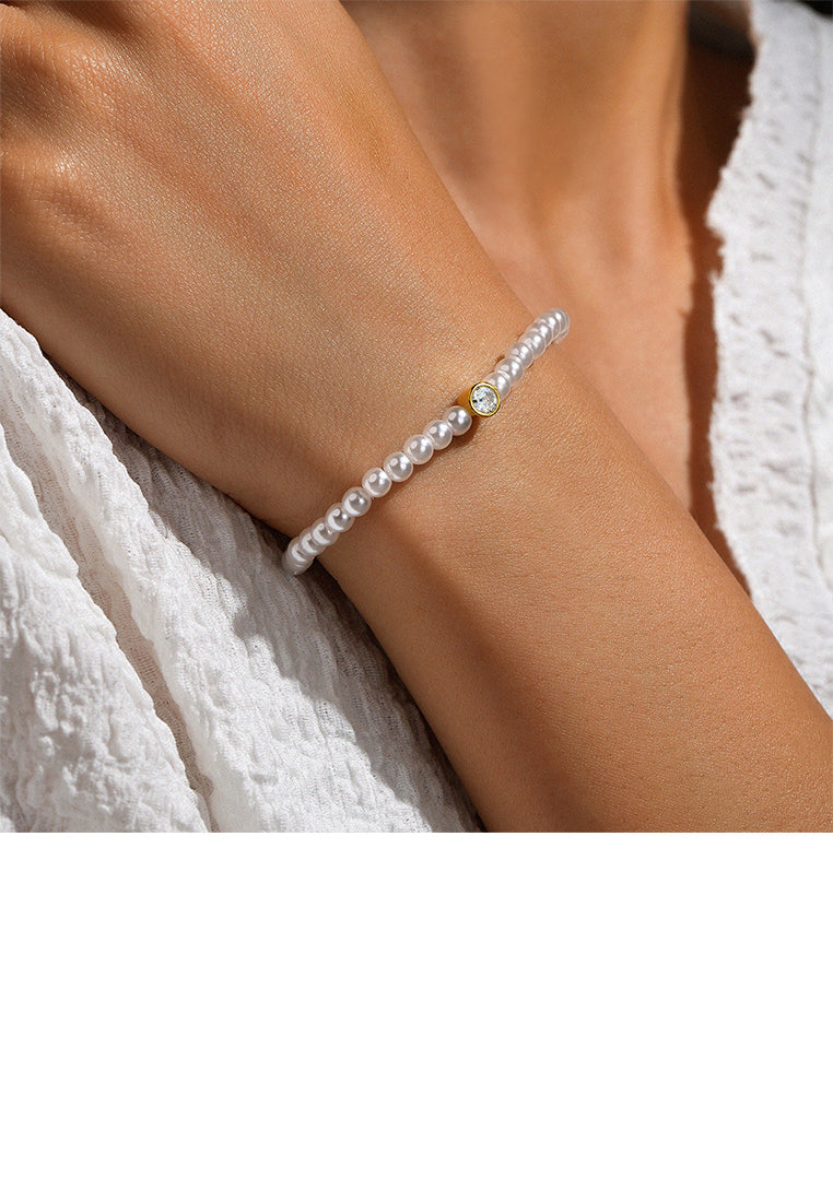 925 Sterling Silver Plated Gold Fashion Elegant Geometric Imitation Pearl Bead Bracelet with Cubic Zirconia - Luxurious Look