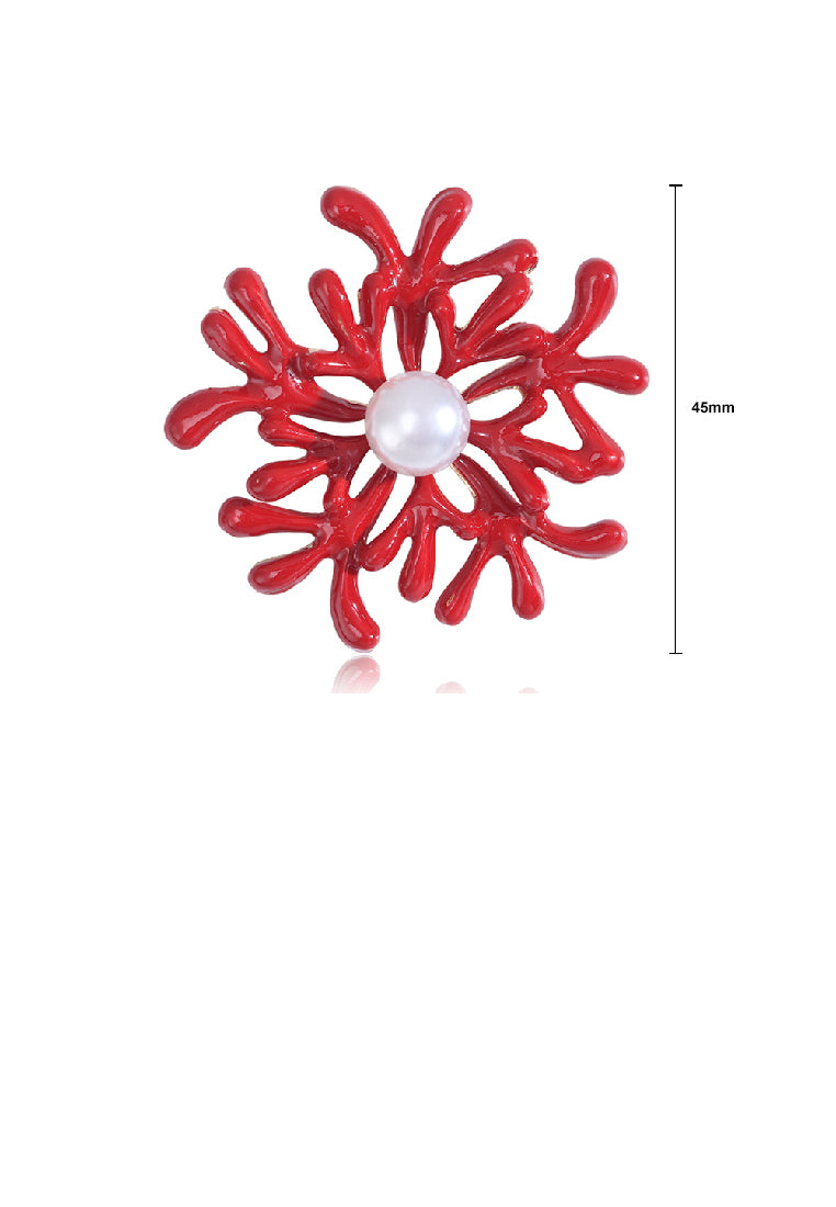 Fashion Temperament Plated Gold Enamel Red Coral Imitation Pearl Brooch - Luxurious Look - Vibrant Color