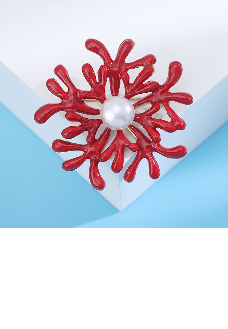Fashion Temperament Plated Gold Enamel Red Coral Imitation Pearl Brooch - Luxurious Look - Vibrant Color