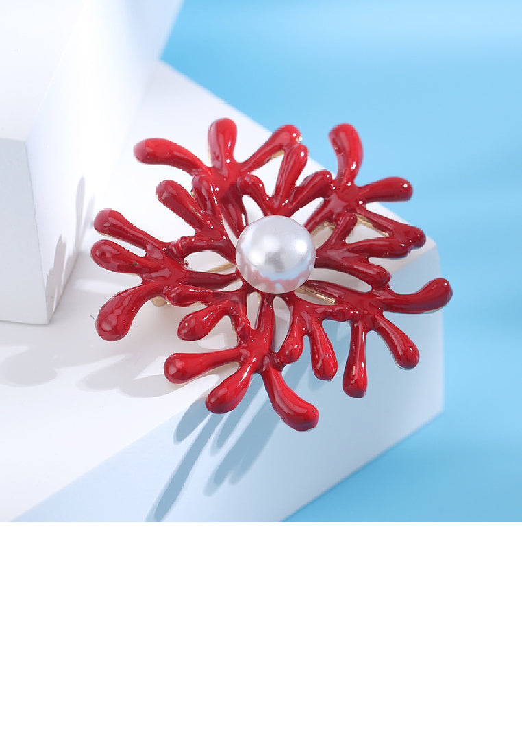 Fashion Temperament Plated Gold Enamel Red Coral Imitation Pearl Brooch - Luxurious Look - Vibrant Color