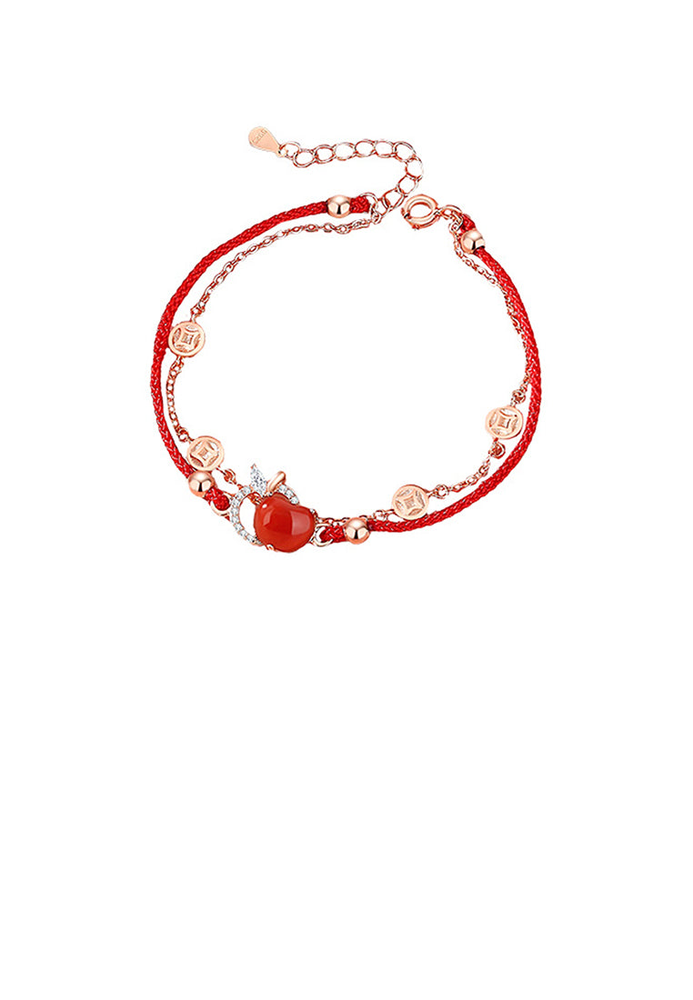 925 Sterling Silver Plated Rose Gold Fashion Vintage Apple Imitation Red Agate Coin Double Layer Bracelet with Cubic Zirconia - Luxurious Look - Vibrant Color
