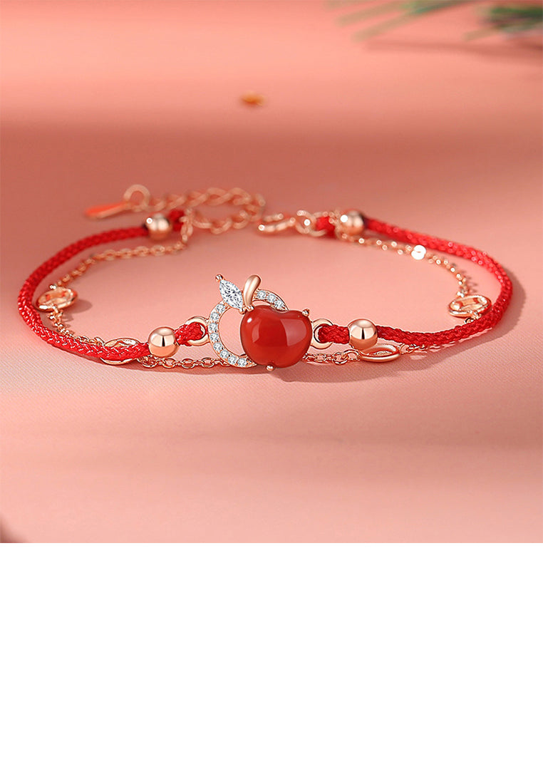925 Sterling Silver Plated Rose Gold Fashion Vintage Apple Imitation Red Agate Coin Double Layer Bracelet with Cubic Zirconia - Luxurious Look - Vibrant Color