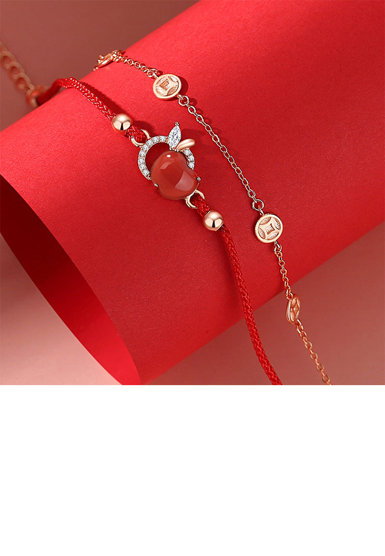925 Sterling Silver Plated Rose Gold Fashion Vintage Apple Imitation Red Agate Coin Double Layer Bracelet with Cubic Zirconia - Luxurious Look - Vibrant Color