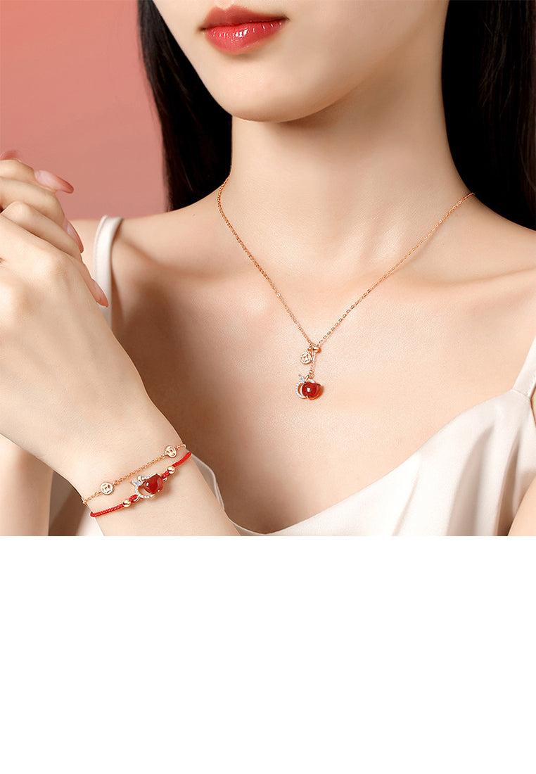 925 Sterling Silver Plated Rose Gold Fashion Vintage Apple Imitation Red Agate Coin Double Layer Bracelet with Cubic Zirconia - Luxurious Look - Vibrant Color