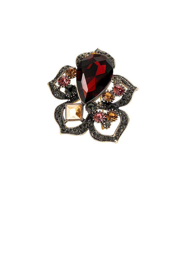 Fashion and Elegant Plated Gold Hollow Flower Brooch with Red Cubic Zirconia - Luxurious Look - Vibrant Color