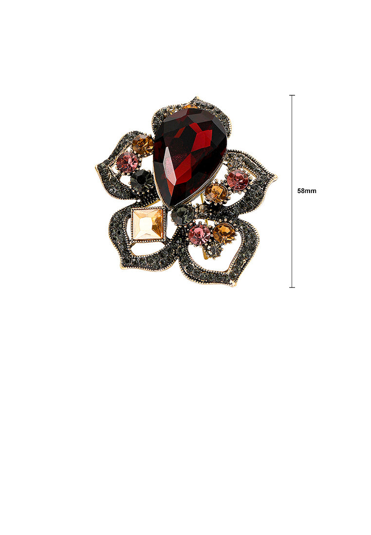 Fashion and Elegant Plated Gold Hollow Flower Brooch with Red Cubic Zirconia - Luxurious Look - Vibrant Color
