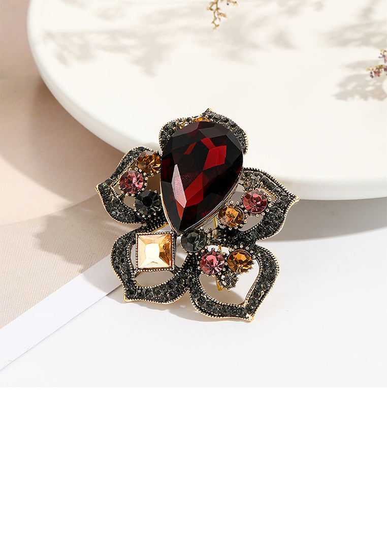Fashion and Elegant Plated Gold Hollow Flower Brooch with Red Cubic Zirconia - Luxurious Look - Vibrant Color