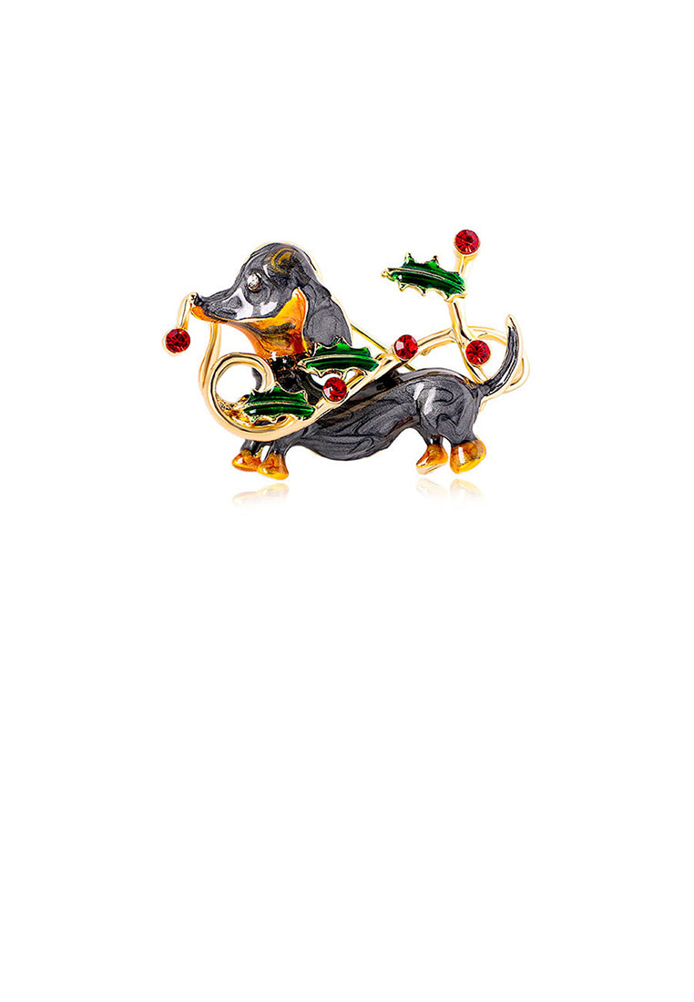 Simple Cute Plated Gold Enamel Christmas Dog Brooch with Cubic Zirconia - Luxurious Look